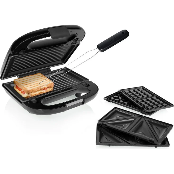 Tristar Sandwichmaker 3in1, 750 W, Toaster XXL mit Antihaftbeschichtung, Edelstahl-Gabel und wechselbaren Platten für Grill, Waffeln und Paninis