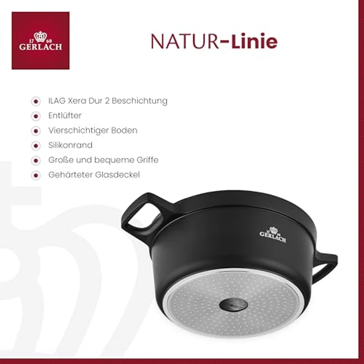 Gerlach 1760 Natur Topf Keramik-Kochtopf Induktion Induktionstopf Kochgeschirr 24 cm, Schwarz mit Ilag Xera Dur 2 Antihaftbeschichtung – Bild 2