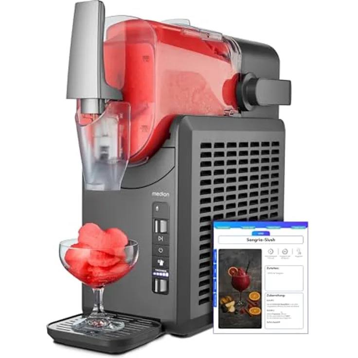 MEDION Slush Maschine MD12090, 2,6 Liter Kapazität, 5 Getränkemodi, Kompressor, schnelle Zubereitung in 30-60 Minuten, abnehmbarer Tank mit Selbstreinigungsfunktion
