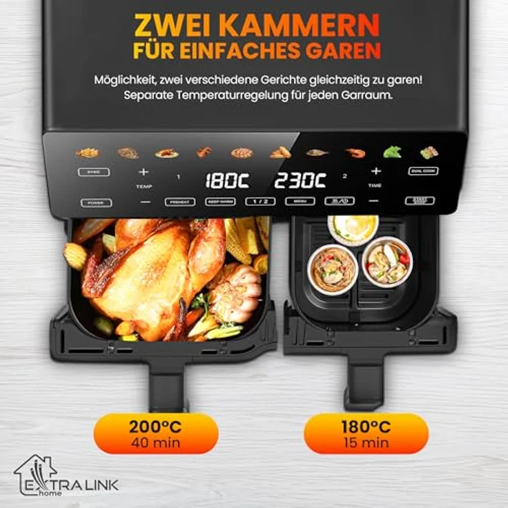Extralink 2500W Airfryer 10L (6.5L + 3.5L), Heißluftfritteuse Doppelkammer mit 8 Kochfunktionen, LED-Touchscreen, 80°C bis 200°C, 90% weniger Fett – Bild 4