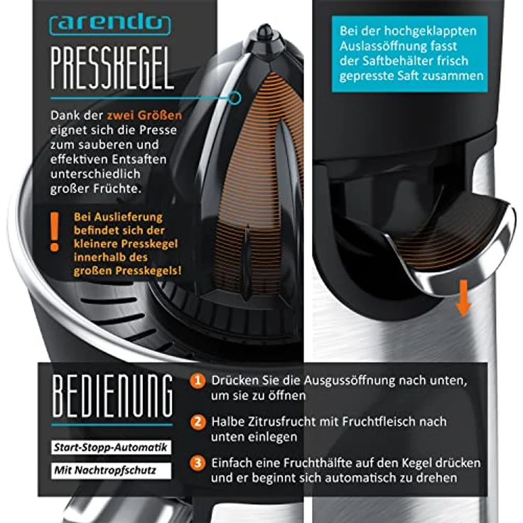 Arendo Zitruspresse Saftpresse mit 2 Presskegeln, 85 W Silber-Schwarz – Bild 4