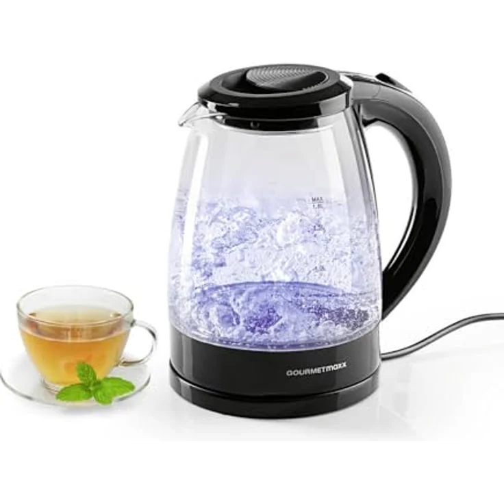 GOURMETmaxx Glas-Wasserkocher 1,8 L, Schwarz, 1800 W, kabellos, mit Blue Vision LED, Kalkfilter, TÜV & GS geprüft, BPA-frei – Bild 2