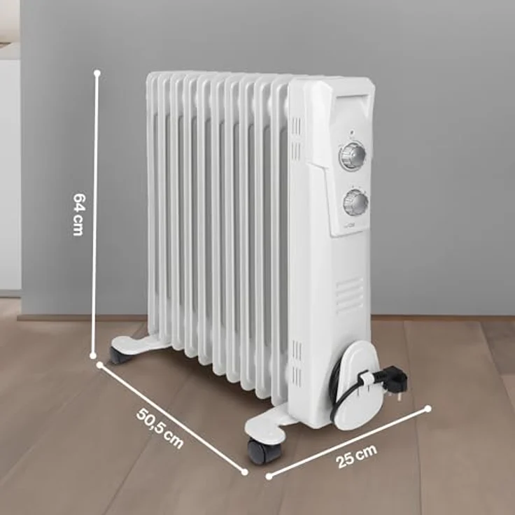 Clatronic RA 3737 11 Rippen-Ölradiator, mobiler Heizkörper bis 2300 Watt, Wärmeregulierung über stufenlosen Thermostatregler, Flexibler Einsatz durch 4 Leichtlaufrollen, Slimline-Bauweise, weiß, Radiator – Bild 6