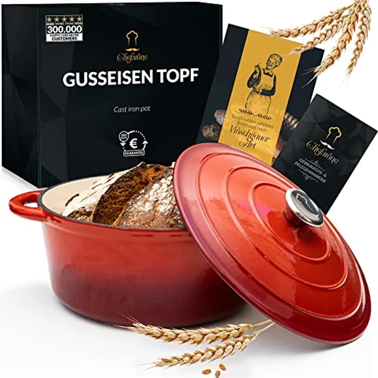 Gusseisen Topf 26 cm 4,7 L emailliert - Schmortopf mit Deckel Induktion - Gusseisen Bräter Topf Brot backen - Cocotte emaille - Bratentopf - Brotbacktopf – Bild 1
