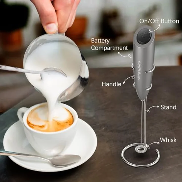 SIMPLETASTE Milchaufschäumer, Elektrisch Handheld mit 2 AA-Batterien, Ergonomischer Edelstahl 304 Aufschäumer für Cappuccino, Latte und mehr – Bild 4
