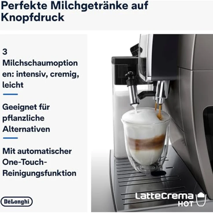 De'Longhi Dinamica Plus ECAM380.95.TB, Kaffeevollautomat mit LatteCrema Milchsystem, One-Touch-Cappuccino, mit 24 Rezepten, 3,5-Zoll TFT-Farbdisplay, 1450W, Titan/Schwarz – Bild 4