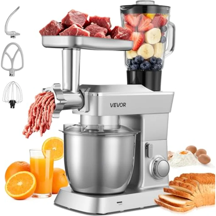 VEVOR multifunktionale Küchenmaschine elektrisch 1300 W, Edelstahlschüssel 4,3 L, 6 Geschwindigkeiten, Knetmaschine mit Knethaken, Schneebesen & Rührbesen – Bild 1