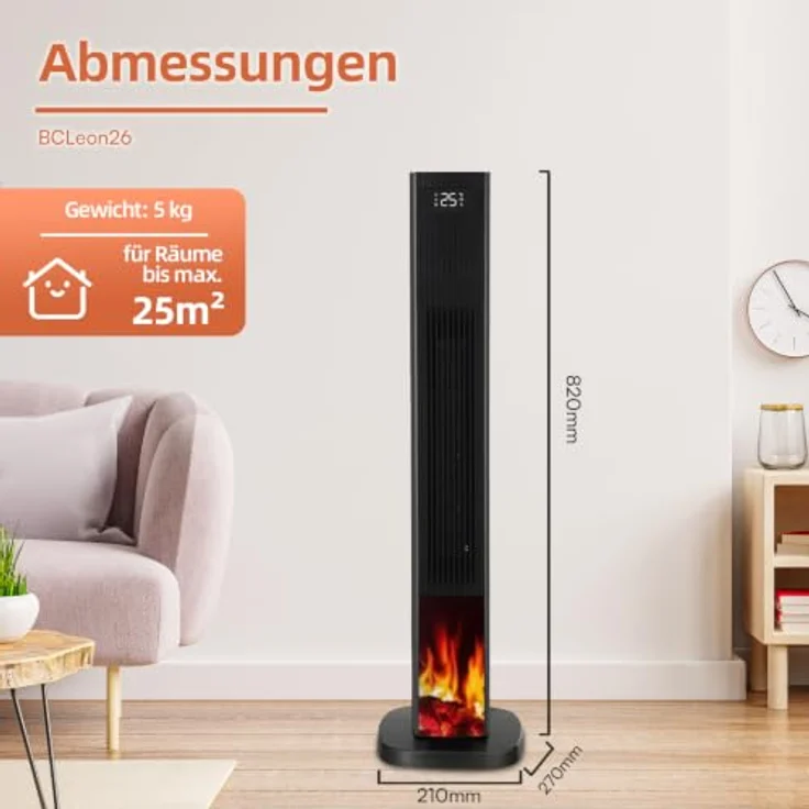 Be Cool BCLeon26 PTC-Säulen-Heizlüfter mit Kamineffekt, 2200 Watt, Schwarz, Oszillation und Fernbedienung – Bild 7
