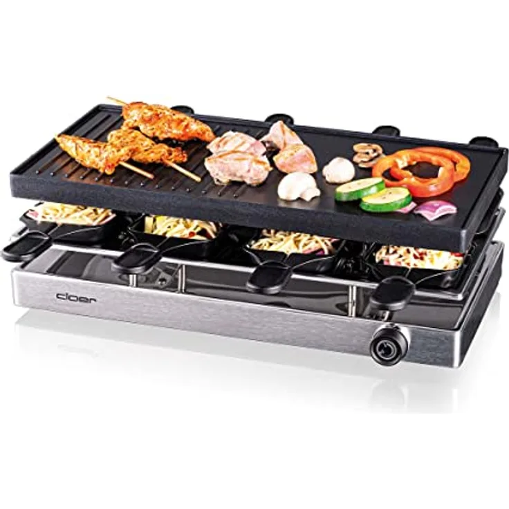 Cloer 6458 Raclettegrill mit Aluminium-Druckguss Platte, 1200 W, 8 antihaftbeschichtete Raclettepfännchen, Kunststoffspachtel, unbeheizter Parkplatz, Aluminium