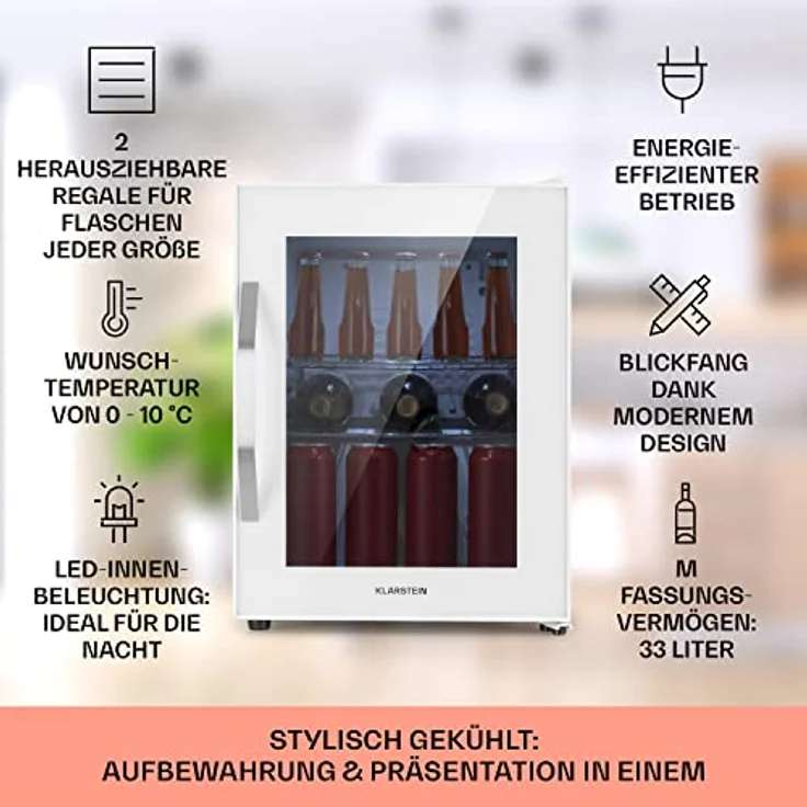 Klarstein Getränkekühlschrank HEA-BeersafeM-quartz 10039425, Bierkühlschrank mit Glastür, leise und energieeffizient, 33 Liter, Quartz – Bild 3