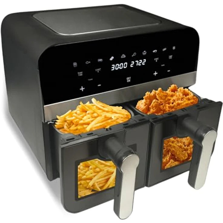 Comfy Nest CNAFD45WB, 2400 W digitale Heißluftfritteuse mit Doppelkorb, 9-Liter Sichtfenster und 10 Kochfunktionen – Grau und Schwarz – Bild 2