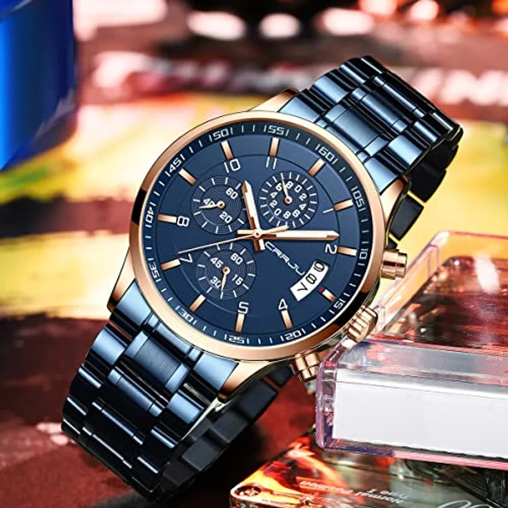 CRRJU Herren Chronograph Armbanduhr, wasserdicht, Edelstahlarmband, analoges Quarzwerk mit Kalender, blau – Bild 3