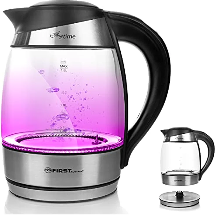 TZS First Austria 5405 Glas-Wasserkocher, 2200 Watt, 1,8 Liter, mit Temperaturwahl, Teefunktion, LED Beleuchtung, silber, schwarz – Bild 3