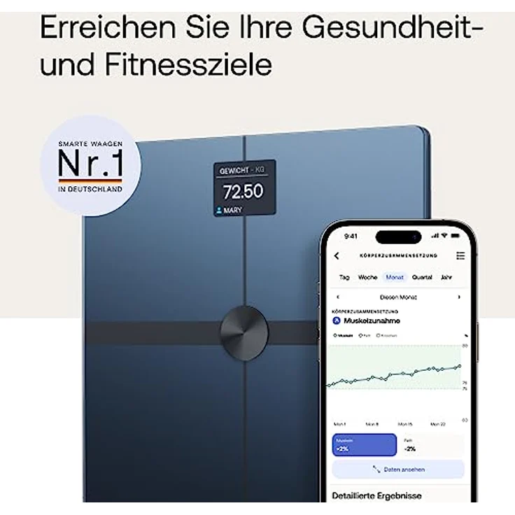 Withings Body Smart - WIFI-Anschlusswaage mit erweiterter Körperzusammensetzung (Gewicht, Fett-/Muskel-/Knochenmasse, Wasser, Körperfettanteil), Personenwaage, bis zu 8 Benutzer, Weiß – Bild 2