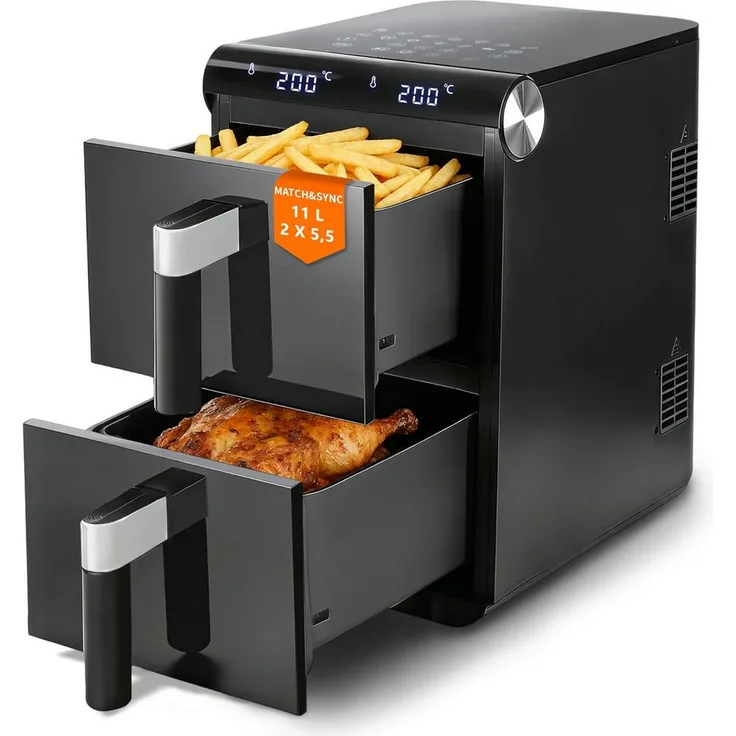Nettlife Heißluftfritteuse 11L XXL, Dual Zone mit Sichtfenster, leise, 7 Programme, 2800 W, automatische Abschaltung, Timer, spülmaschinenfeste Antihaft-Körbe