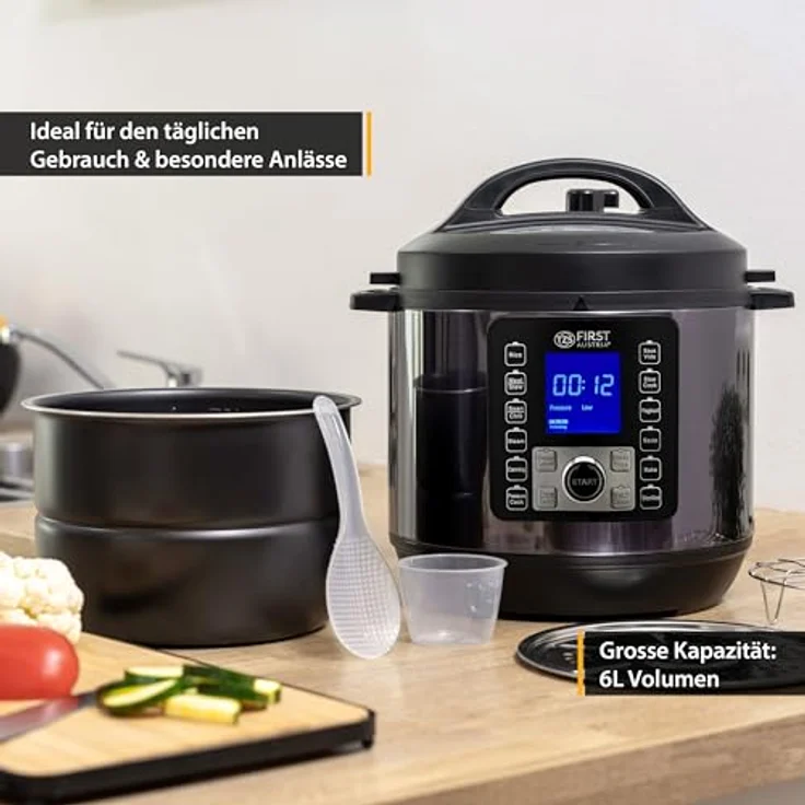 TZS FIRST AUSTRIA Multikocher Druckkochtopf 6L, 12 Programme, Schnellkochtopf, Dampfgarer, 1000 W, Grau-Schwarz – Bild 2