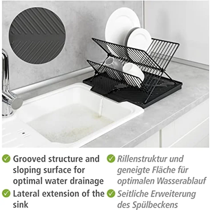 WENKO Abtropfmatte Nelia mit Abtropfgestell für Geschirr mit geneigter Fläche für optimalen Wasserablauf, Abtropfmatte aus Kunststoff, Gestell aus Metall, (B x H x T): 34 x 24 x 40 cm, Schwarz – Bild 2