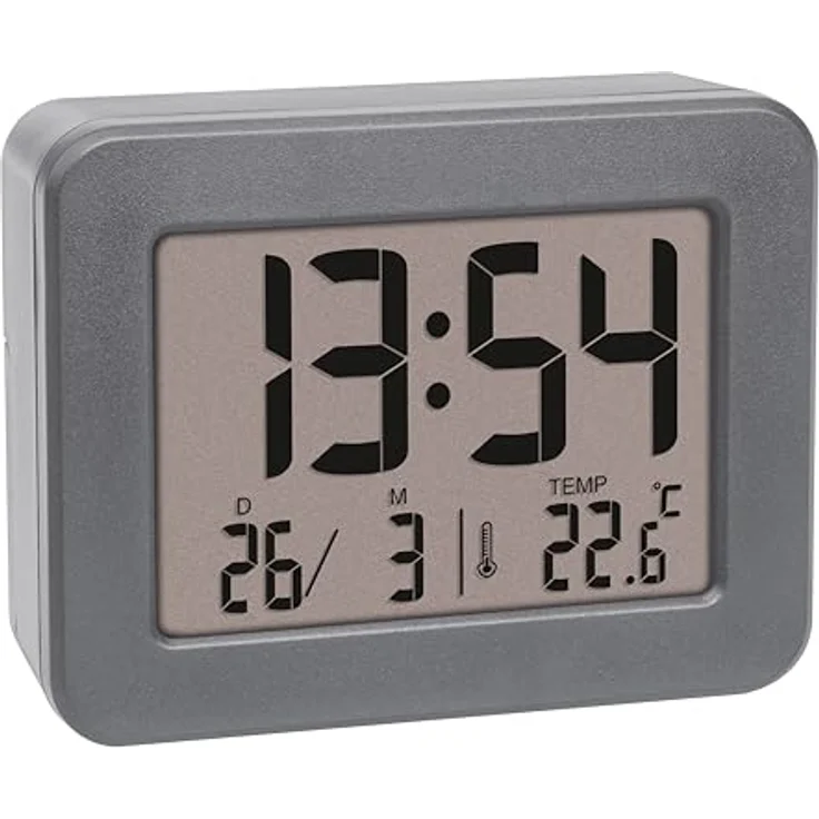 TFA Dostmann Digitaler Reise Wecker 60.2044.10, batteriebetrieben, mit lautem Weckalarm, integriertes Innenthermometer, Datumsanzeige, kompakt, grau – Bild 1