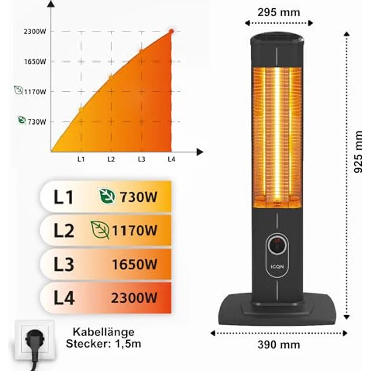 ICQN 2300 W Stand Heizstrahler mit Wasserdicht Schutzhülle, 4 Heizstufen mit Fernbedienung, Kohlenstoff Infrarotstrahler für Innen- & Außenbereich, Terrassenstrahler, Aluminium, Balkon – Bild 3