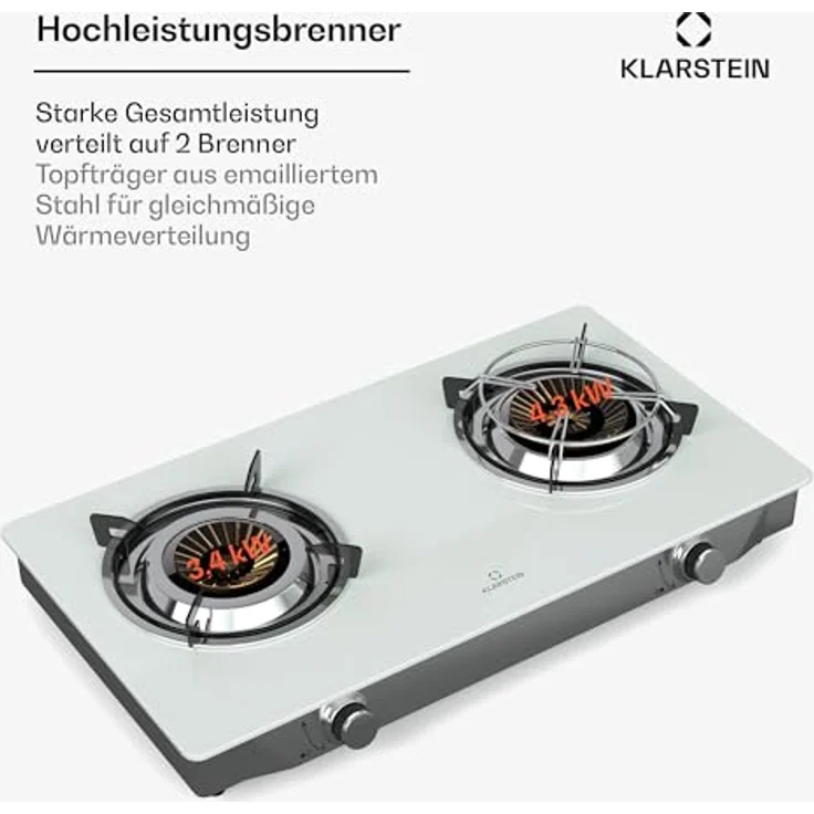 Klarstein Barzona Gaskochfeld, 2-Brenner Edelstahl & Glas, 7,7kW, Tragbarer Campingkocher mit Piezo-Zündung & Flammenausfallsicherung, Komplettset mit Schlauch & Regler – Bild 4