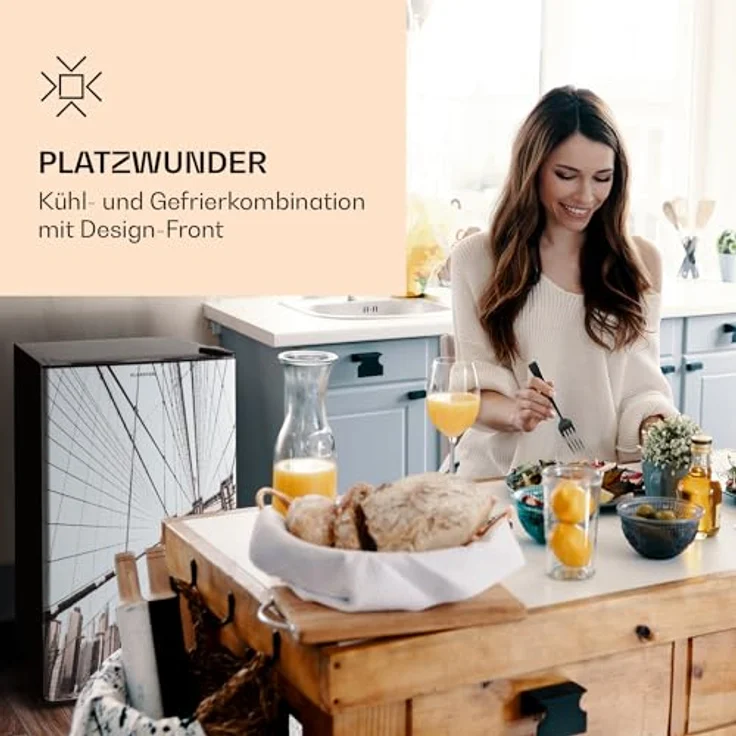 Klarstein CoolArt Kühl-Gefrier-Kombination - Kühlschrank mit 2 Kühl-Ebenen, Design-Front, Thermostat mit 5 Stufen, 0 bis 10 °C, Fassungsvermögen: 79 Liter, Motiv: Großstadt – Bild 2