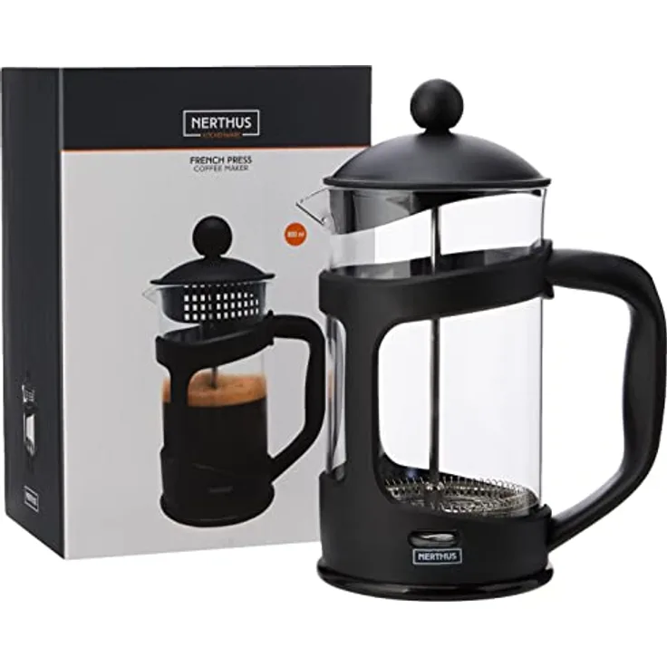NERTHUS FIH 320 Französische Kaffeepresse 800 ml, Pp, Borosilikatglas und SS, Schwarz, 22x14x11.5 cm