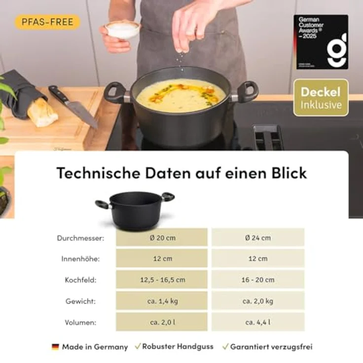 Hoffmann STONIQ Kochtopf Set, Antihaftbeschichtet, PTFE und PFAS-frei, Induktionsgeeignet, Backofenfest bis 300°C, 20 + 24 cm, Made in Germany – Bild 3