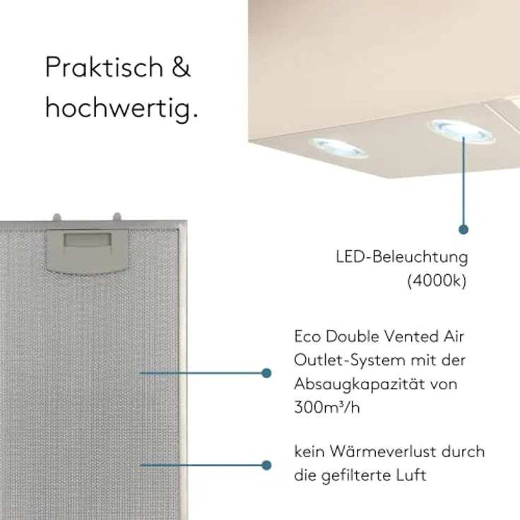 Wiggo Dunstabzugshaube 50cm kopffrei I Abluft Umluft Dunstabzug 300m³/h - LED Touch-Display 3 Stufen I Schräghaube inkl. Fettfilter & 2x Kohlefilter I Abzugshaube mit 2 teiliger Glasfront creme – Bild 3