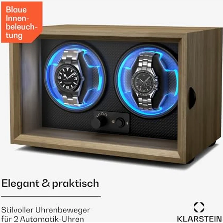 Klarstein Uhrenbeweger Brienz, eleganter Uhrenkasten für 2 Uhren mit Holz-Optik und blauer LED-Beleuchtung, 4 Rotationsmodi – Bild 2