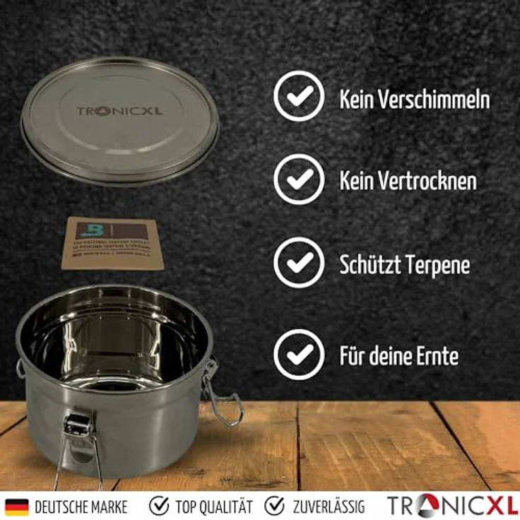 TronicXL XXL Set Kräuter Aufbewahrungsdose luftdicht kompatibel mit Boveda + Pack 58% Grow, 3er Set, Edelstahl, stapelbar, geruchsdicht – Bild 5