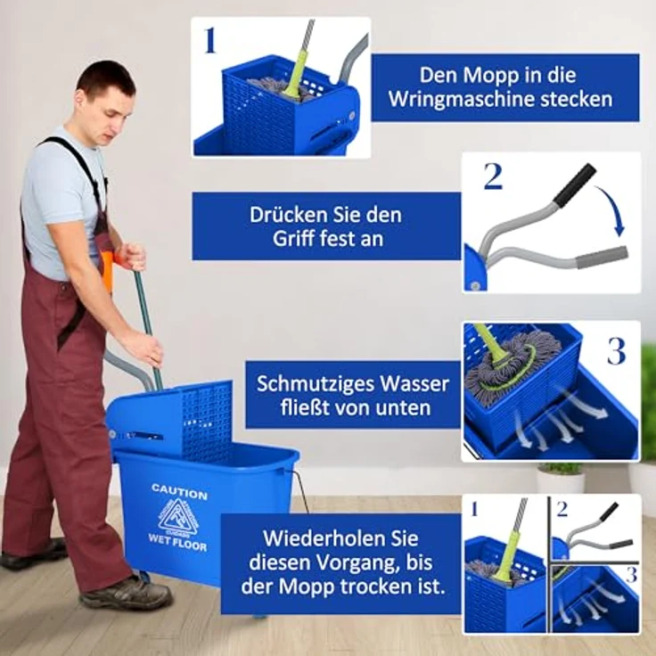 HOMCOM Putzeimer 20 Fahreimer, Wischwagen mit 2 Kammern und Auswringer, blau – Bild 5