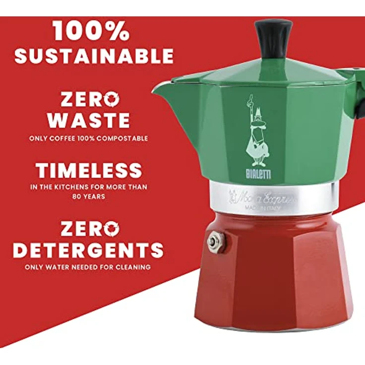 Bialetti 5322 Espressokocher ''Moka Express'' in Aluminium, Grün-Rot, 30 x 20 x 15 cm – Bild 7