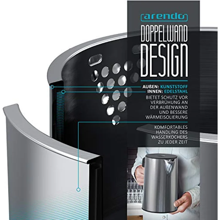 Arendo Edelstahl Wasserkocher mit Temperatureinstellung 40-100 Grad in 5er Schritten - Doppelwand Design - Modell ELEGANT - 1,5 Liter - 2200 W - Teekocher mit Temperaturanzeige - GS - Silber – Bild 3