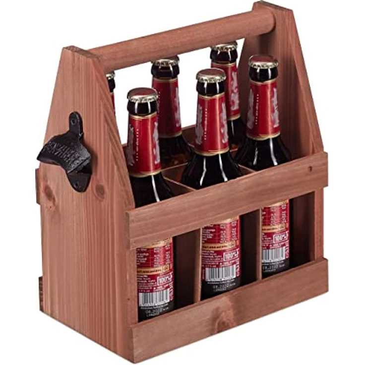 Relaxdays Bierträger aus Holz, Flaschenträger für 6 Bierflaschen mit Flaschenöffner, braun: Tests, Infos & Preisvergleich