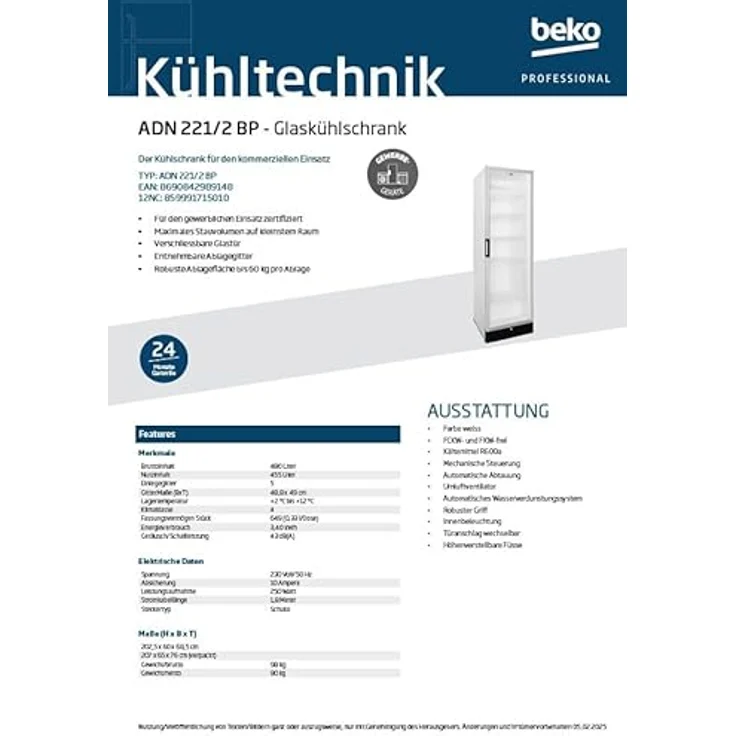 Beko ADN 221/2 BP, Kühlschrank mit 480 Litern Bruttoinhalt, mechanischer Steuerung und verschließbarer Glastür, weiß – Bild 7