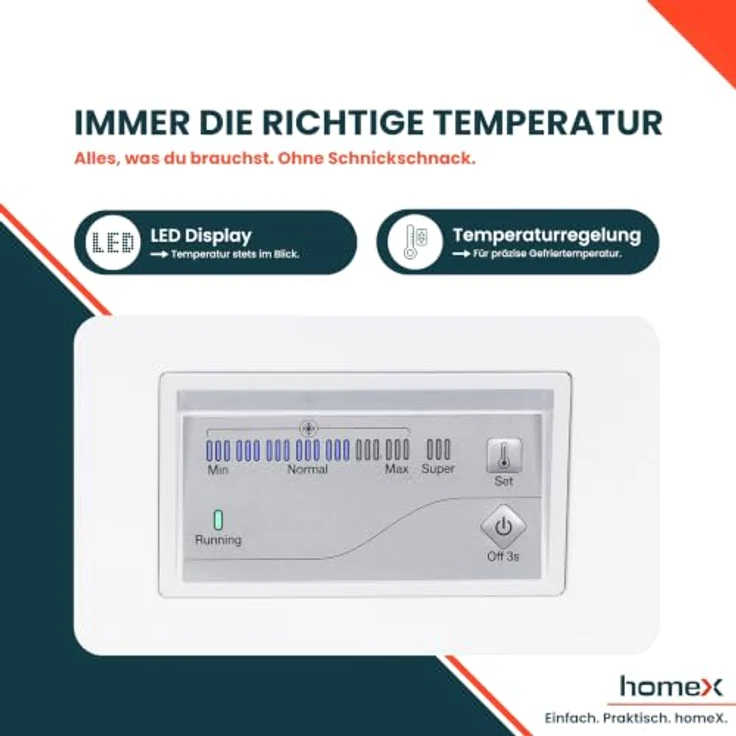 homeX FT1421-W Gefriertruhe, 142 Liter, 4-Sterne Gefrieren, leise 38 dB, inklusive Ablagekorb, kompakte Maße 70,5 x 85 x 56 cm – Bild 6