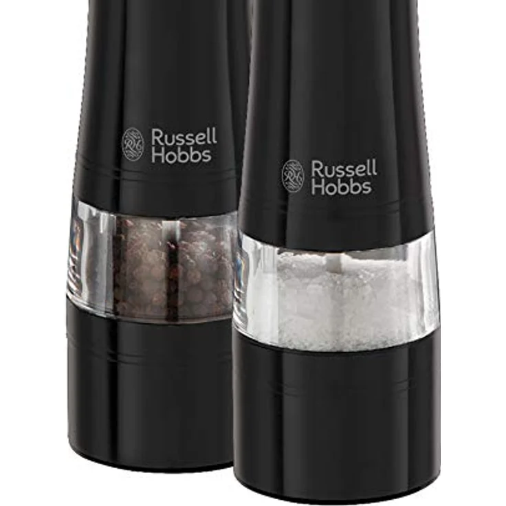 Russell Hobbs Salz und Pfeffer Mühle elektrisch Set, schwarz, Keramikmahlwerk, Mahlgrad einstellbar fein bis grob, LED Beleuchtung, batteriebetrieben, zwei Bodendeckel, Gewürzmühlen, 28010-56 – Bild 2