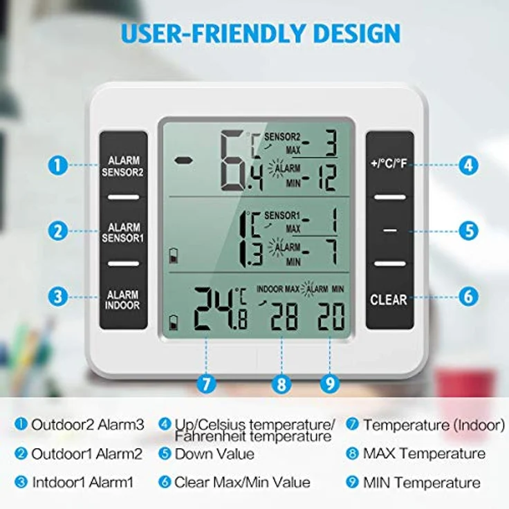 Brifit Kühlschrank Thermometer, Digitales Gefrierschrank Thermometer mit 2 Sensoren, Temperaturalarm, MIN/MAX, Temperaturtrendanzeige, großes LCD-Display – Bild 2