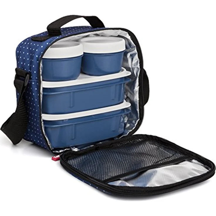 Tatay Kühltasche Klein, 3L Kapazität, 4 Kunststoff Frischaltendosen (2 x 0,5 l, 2 x 0,2 l) BPA frei, Blau mit Punkten. Messen 22,5 x 10 x 22 cm – Bild 2