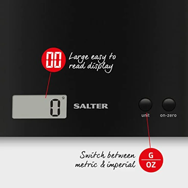 SALTER digitale Küchenwaage, elektronische Waage für die Küche, LCD-Display, Zuwiegefunktion, einfach zu reinigen & platzsparend, max. Traglast 3kg, schlankes Design, schwarz – Bild 5