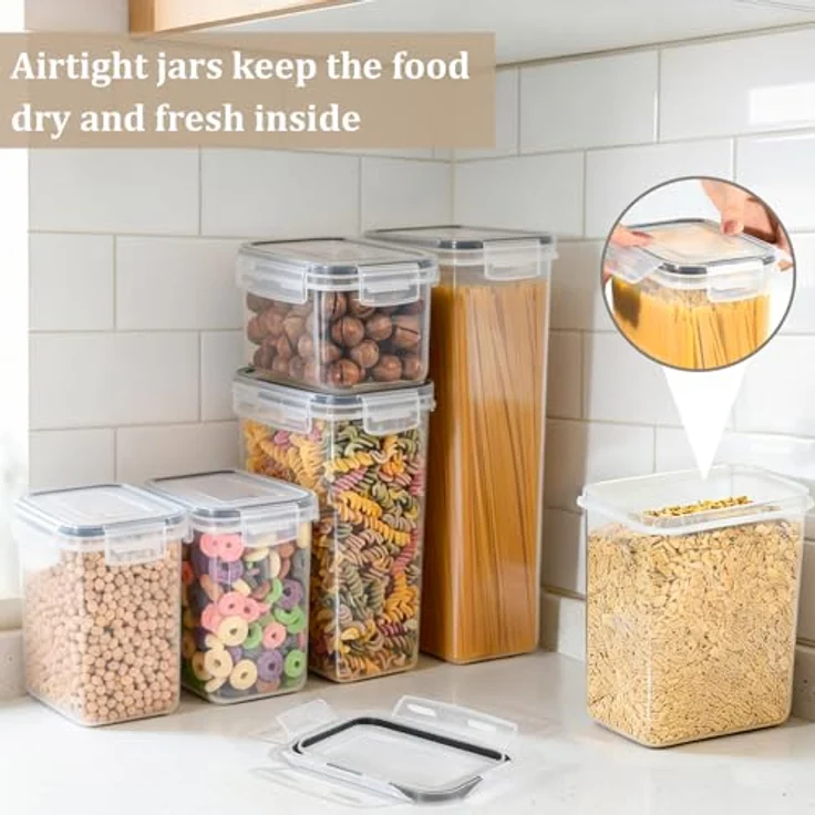 GoMaihe Vorratsdosen 25 Set, Luftdichter Kunststoff-Vorratsbehälter mit 24 Etiketten, 4 Größen für Müsli, Mehl, Kaffee, Spaghetti, BPA-frei – Bild 4