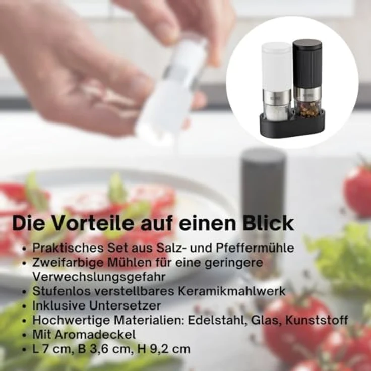 Gefu Salz- und Pfeffermühle TUSOME weiß und schwarz – 2 Mini Gewürzmühlen mit Untersetzer – Bild 3