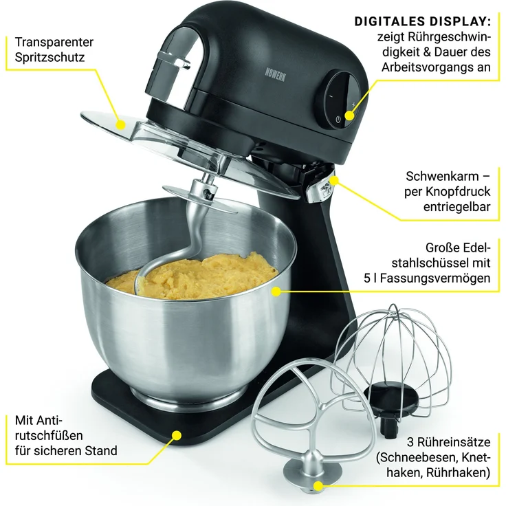 N8WERK Küchenmaschine in der Midnight Edition, 1200 Watt, 5 Liter, Timer, Planetenrührwerk, Aluminium, schwarz – Bild 3