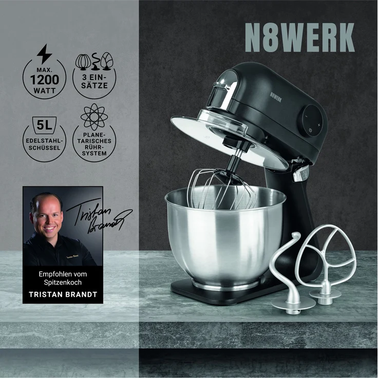 N8WERK Küchenmaschine in der Midnight Edition, 1200 Watt, 5 Liter, Timer, Planetenrührwerk, Aluminium, schwarz – Bild 2