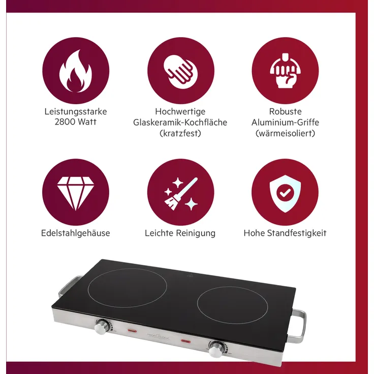 ProfiCook PC-DKP 1211 Infrarot-Doppelkochplatte, geeignet für alle Topfarten, Glaskeramikkochfläche, 2800 Watt, Edelstahlgehäuse – Bild 3
