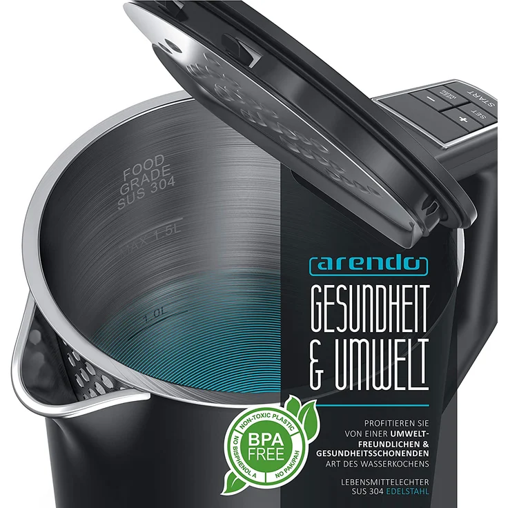 Arendo Elegant Wasserkocher, 1,5 l, 2200 W, Edelstahl Wasserkocher mit Temperatureinstellung 40-100 Grad - 1,5 Liter, schwarz – Bild 3