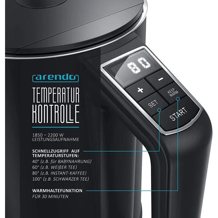 Arendo Elegant Wasserkocher, 1,5 l, 2200 W, Edelstahl Wasserkocher mit Temperatureinstellung 40-100 Grad - 1,5 Liter, schwarz – Bild 6