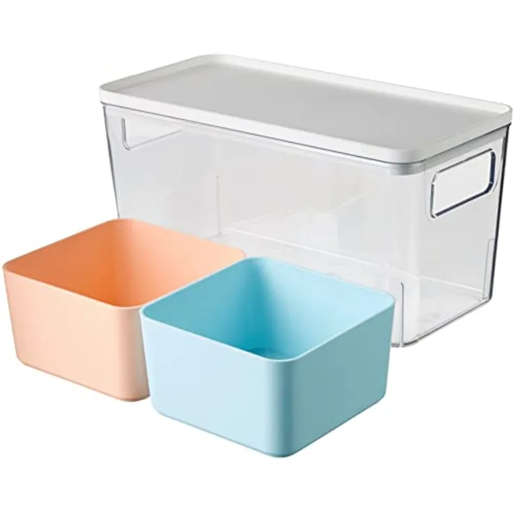 iDesign Aufbewahrungsbox mit 2 Trennboxen, Vorratsbehälter by Rosanna Pansino, Plastikbox aus recyceltem Kunststoff mit Griffen und Deckel, mehrfarbig und weiß