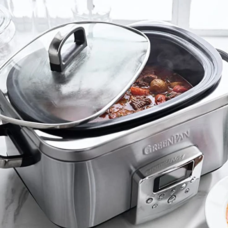 GreenPan Elite 8-in-1 programmierbarer 6L Slow Cooker Multikocher, spülmaschinenfester Deckel & Topf, gesunde keramische Antihaftbeschichtung zum Braten, Schmoren, mit Dampfgareinsatz, Edelstahl – Bild 4