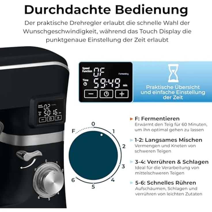 KLAMER Küchenmaschine Classic 1400 W, 5,5 L Edelstahlschüssel, Knet-, Rühr- & Schneebesenaufsatz, Timer & LED-Display, stabile Saugnapffüße, ideal für Brot-, Kuchen- & Pizzateig – Bild 3